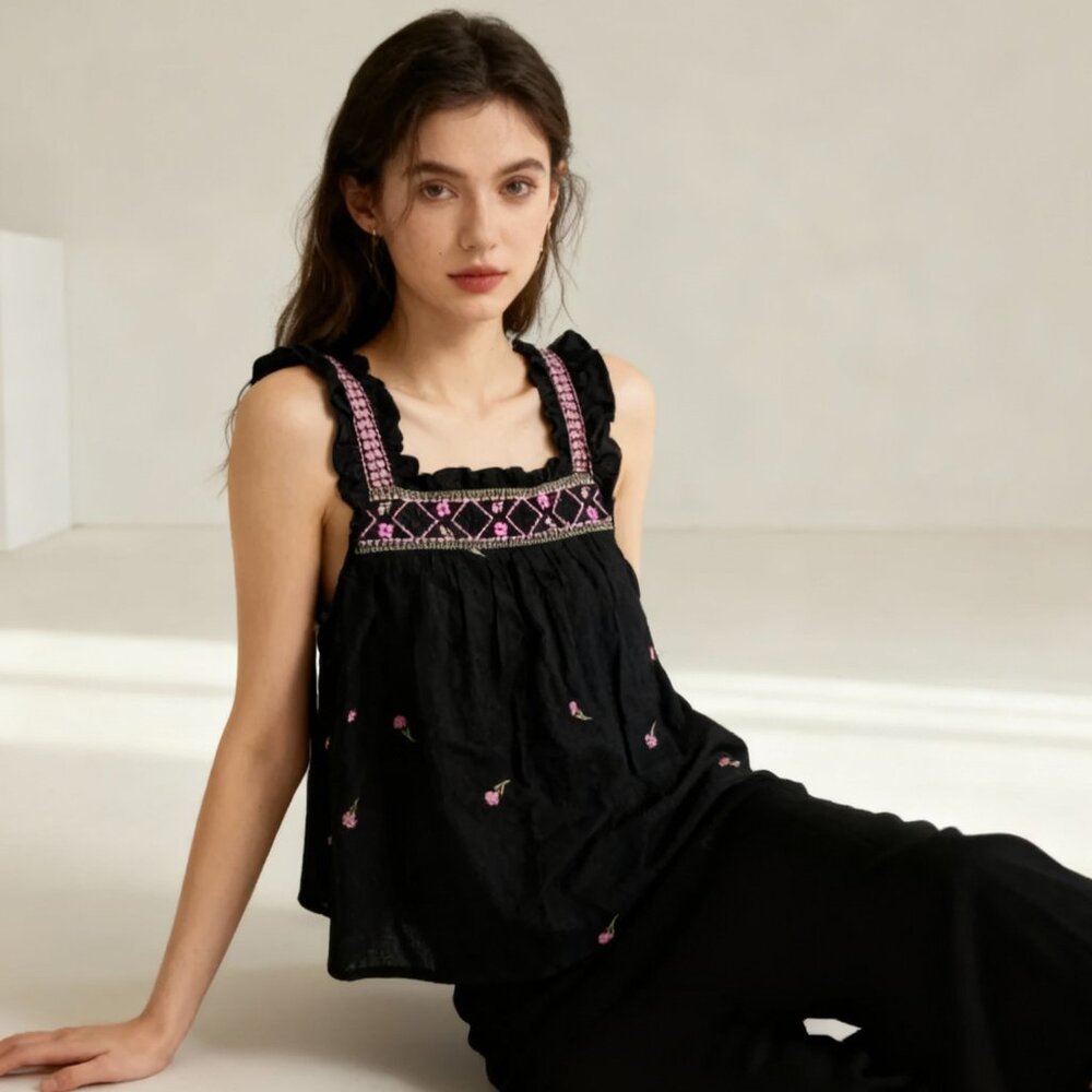 Black Floral Embroidered Sleeveless Top With Ruffle Straps & Geometric Bodice De